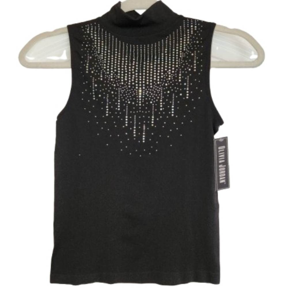 NWT Olivia Jordan Black Mock Neck Bling Top Size S/M Sleeveless Stretchy Sparkle